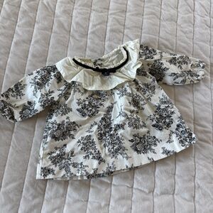 JANIE JACK BLACK white girls Floral Toile puff sleeve blouse top size 6-12M